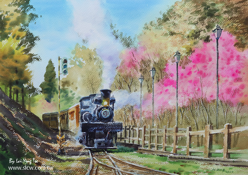 Dueigaoyue Station With Sakura Blossoms painted by Lai Ying Tse 對高岳賞櫻 賴英澤 繪